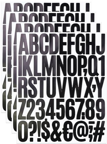 2 Inch Sticky Vinyl Black Letter Number Stickers, 4 Sheets Bold Letters