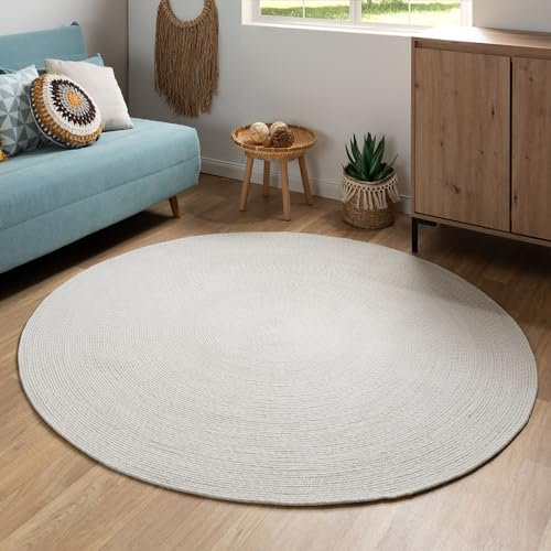 Steffensmeier Handweb Teppich Bali | 100% Baumwolle, Hellblau Creme, handgefertigt, Größe: Ø 150 cm | Flur, Eingangsbereich, Wohnzimmer