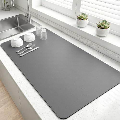 LOPNUR Kitchen Dish Drying Mat, 31.5x17 Extra Large Dish Drying Mats for Kitchen Counter, Diatomite Coffee Mat, Super Absorbent Dish Drying Pad, Heat Resistant Mat with Anti-slip Rubber Backed, Grey