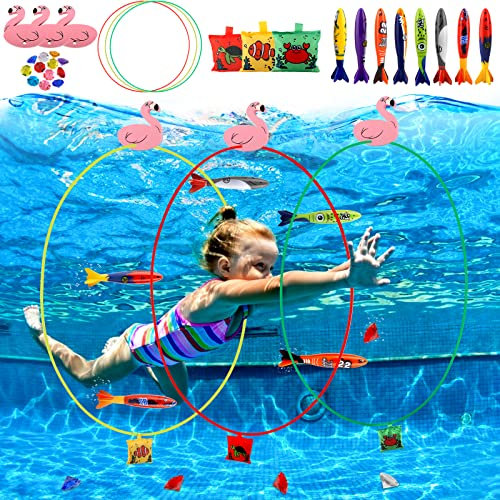 AQXONG 29Pcs Jouets de Plongée Piscine, Jeux Piscine Enfant Jouet sous Eau été avec Anneaux de Plongée, Torpedo Bandits, Bijou de Plongée, Cadeaux Jouets pour Harçons et Filles de 3 4 5 6 7 8 9 Ans