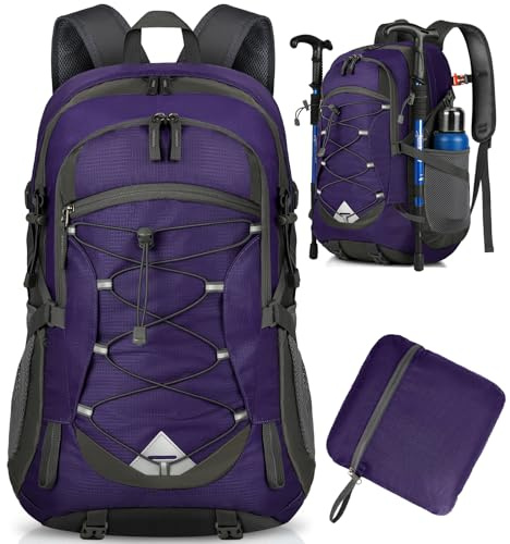 IGOLUMON Hiking Backpack 40L Lightweight Foldable Backpack for Men Women Durable Water Resistant Daypack Rucksack for Camping Cycling Climbing Walking Mountaineer Outdoor Sports (Purple)