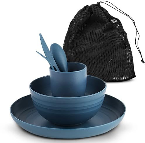 AdvntrPro 5pc Camping Cutlery Set for 1 with Travel Bag - Camping Plates and Bowls Set for 1 with Picnic Plates and Bowls, Reusable Cutlery, Cup and Travel Bag for Outdoor Dining (Blue)