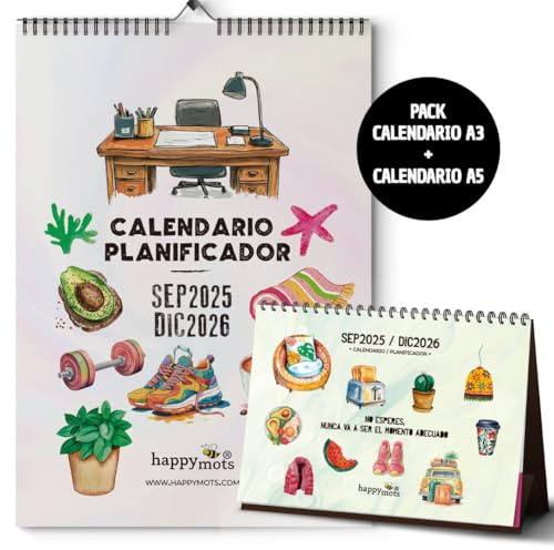 Empieza bien el año con el Pack HappyMots : 2 Calendarios 2026 | Calendario Pared A3 y Calendario Mesa A5 | Diseño Inspirador, Organización Clara y un Toque de Felicidad