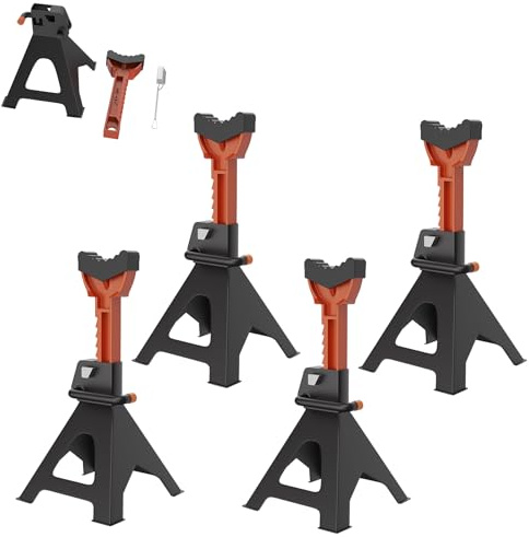 LZQ Lot de 4 chandelles d'essieu réglables en hauteur 3T avec goupille de sécurité et patins en caoutchouc - Support pour voitures, camions et camping-cars - Pour atelier et réparation