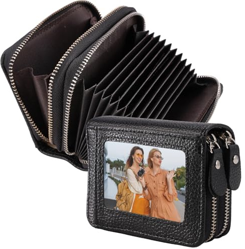 Tarjetero Unisex de Cuero Sintético, Rfid Bloqueo Carteras con Ranuras, Cartera Compacta para Hombre y Mujer, Cartera para Tarjetas de Crédito con Cremallera, Negro Cartera Tarjetero Hombre