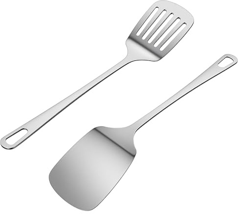 2 Pcs Stainless Steel Spatulas Set, Solid Turner, Slotted Turner, High Heat Resistant, Kitchen Utensils Applies to Cooking Tools, Dishwasher Safe