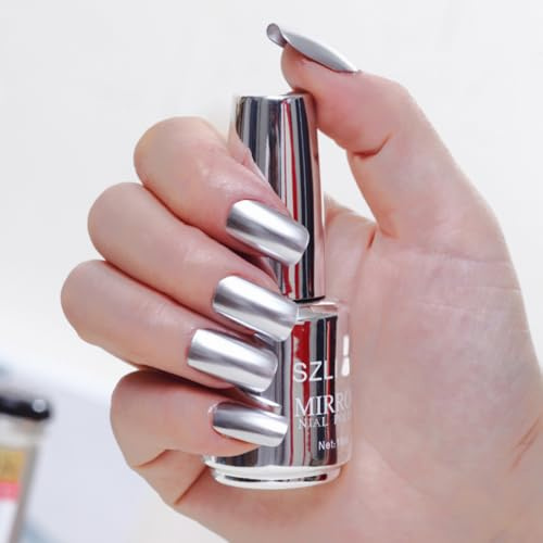 Silver Nail Polish - Metallic Nail Polish Quick Dry - Mirror Effect Chrome Nail Varnish - Super Shine High Gloss Finish Long-Lasting Chip Resistant Nail Paint for Women Gifts Nail Art 18ml