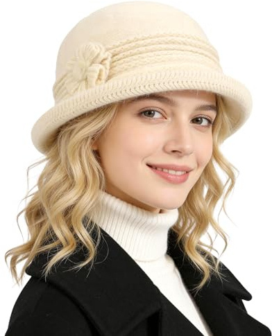 AYPOW Cappello Invernale Termico Caldo in Lana per Donna, Vintage Elegante Bordi Arrotolati Maglia Cloche Berretto con Floreale, Classico Cappelli Bombetta, Cappello Invernale da Esterno per Donna