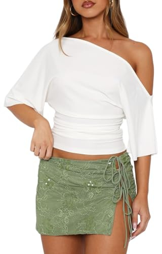 Dressmine Cropped Slim Fit Off Shoulder Top for Women Short Sleeve Cute Summer Trendy Going Out Sexy Y2K Clothes Tops Blouse White L