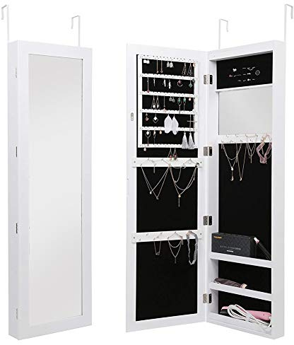 BAKAJI Specchiera Portagioie da Parete o Dietro Porta Armadietto Portagioielli con Anta Porta Oggetti e Specchio Interno Armadio Organizer Porta Gioielli Colore Bianco (Paola)