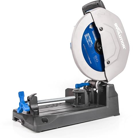 Evolution Power Tools S355CPS Chop Saw for Cutting Metal Long Life TCT Tungsten Carbide Blade Included for Cutting Mild Steel, Cold Cut, Virtually No Sparks, 45 Degree Mitre Capability, 355mm (230 V)