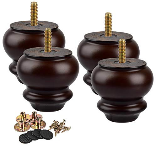La Vane 8cm Holz Tischbeine, 4 Stück Runde Kürbisflasche Massivholz Ersatz Möbelfüße Kugelfüße mit vorgebohrten M8 5/16 Bolzen & Montageplatten & Schrauben für Sofa Bett Schrank Ottomane