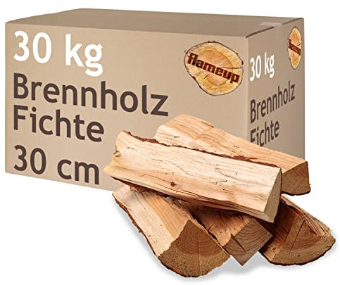 Brennholz Fichte Kaminholz 5-500 kg Holz 30 cm Für Ofen und Kamin Kaminofen Feuerschale Grill Feuerholz Holzscheite Wood Kammergetrocknet Flameup, Menge:30 kg