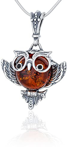 AMBEDORA Collar de Mujer Búho Sabio con Ámbar, Plata de Ley Oxidada, Ámbar Báltico en Color Coñac, Colgante de Plata con Cadena