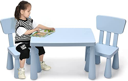 Kids Table and Chair Set, 3 Piece Plastic Children Activity Table for Reading, Drawing, Snack Time, Arts Crafts, Preschool, Kindergarten & Playroom, Toddler Desk & Chair (Blue)