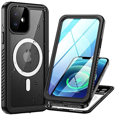 Lanhiem für iPhone 12 Hülle, IP68 Wasserdicht [Kompatibel mit Magsafe] Handyhülle iPhone 12 Magnetisch Case 360 Grad Panzerhülle Outdoor Stoßfest Schutzhülle Magnet Cover mit Displayschutz, Schwarz