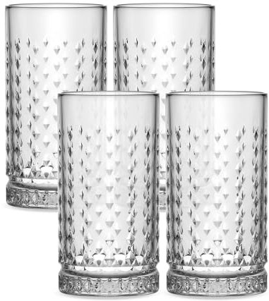 Longdrinkgläser Set 4 Stück – Kristallklare Trinkgläser 460ml – Hochwertige Longdrink Gläser aus Glas – Spülmaschinenfest – Für Cocktails Gin Softdrinks – Kristall Design (Design 1)
