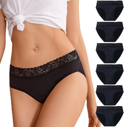flintronic Damen Unterhosen Spitze Slip, 6er Pack Baumwolle Weich Unterwäsche, Atmungsaktiv Slips Bequeme mit Spitze Bequeme Hipster(M)