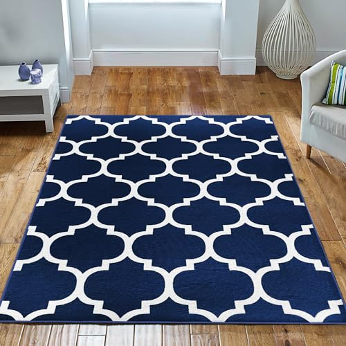 Imperial Rooms Rugs for Bedroom - Rugs Living Room Large 200x290 Cm Modern Floor Carpet Trellis Style Non Shedding Durable Super Soft Ava Navy Area Rug