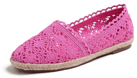 Feversole rund tå spets balett virkade platta kvinnors bekväma andningsbara dockskor, Het rosa stickad virkad jute, 38 EU