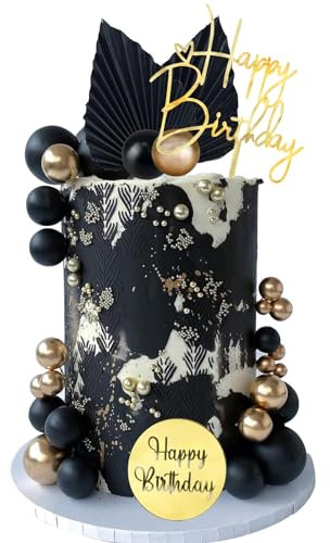 LARDUX Lot de 28 décorations de gâteau d'anniversaire - Noir et doré - Feuilles de palmier - Style bohème - Mini ballon - Décoration de gâteau pour garçons et hommes - Décoration de fête