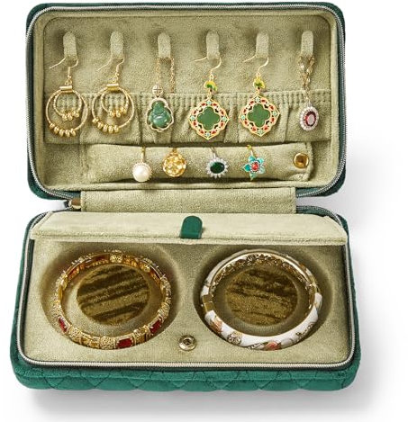 Vee Kleine Schmuckkästchen für Damen,Tragbarer Reise Schmuckaufbewahrung Diamant gestepptes Leder Schmuckbox für Armbänder, Ringe, Halsketten,Geschenkidee (Grün)