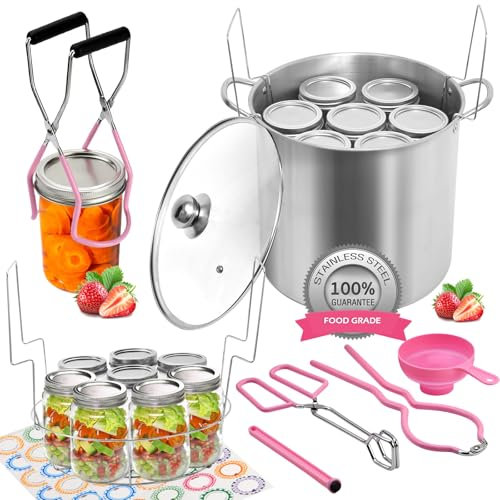 Clroursim Canning Pot Water Bath Canner with Stainless Steel Rack and Accessories Kit, Includes Tongs, Funnels and Full Canning Supplies Starter Kits Tools (Pink, Canning Kit with Pot and Rack)