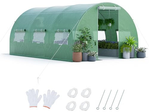 COSTWAY Gewächshaus, 4x3x2m|12m², Foliengewächshaus mit Metallgestell, Treibhaus mit 6 aufrollbaren Netzfenstern & 2 Reißverschlusstüren, Garten Folientunnel, für Tomaten Gemüse Blumen Obst, Grün