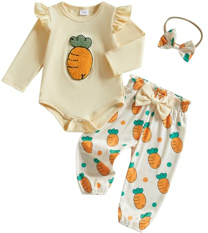 MAHUAOYIXI Toddler Baby Girls Easter Outfits Carrot Embroidery Long Sleeve Tops Romper with Elastic Waist Pants Headband 3Pcs Set Baby Clothes for Girls (Yellow, 6-9 Months)