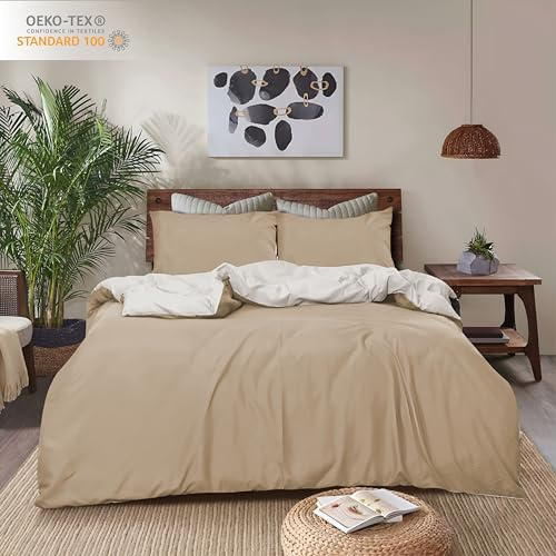 REHAN & CO Super King Duvet Cover Sets – Soft Brushed Microfiber Bedding – Reversible Quilt Cover With Pillow Cases (Mink/Cream)