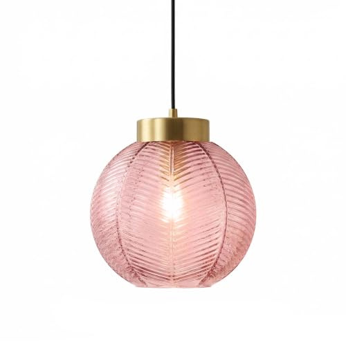 Modern Retro 20cm Pink Glass Globe Pendant Light, Gold E27 Ceiling Lamp | Ceiling Light for Kitchen Island, Dining & Living Room, Bedroom | Textured Spherical Shade with Gold Top