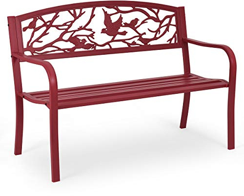 COSTWAY Trädgårdsbänk metall, sittbänk av gjutjärn för 2–3-sits, parkeringsbänk med ryggstöd och armstöd, metallbänk, järnbänk för trädgård, terrass, balkong, 127 x 59,5 x 87,5 cm (röd)