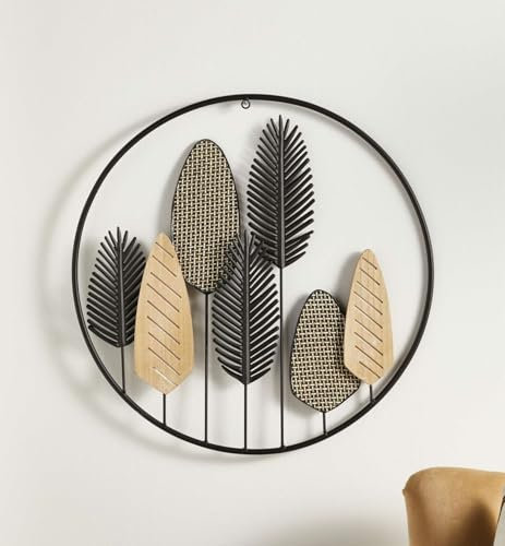 Dekoleidenschaft Wanddeko Blätter aus Metall schwarz & Holz, rund, Ø 56 cm, Wandbild, Wandschmuck, Metallbild