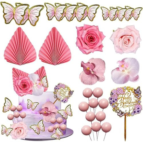 FOSDICK 27 Pcs Fleur Decoration Gateau, Fleurs Artificielles Feuilles de Palmier Rose Boule Deco Gateau, Boho Decoration gateau Anniversaire, Cake Topper Anniversaire pour Mariage, Baby Shower, Fête