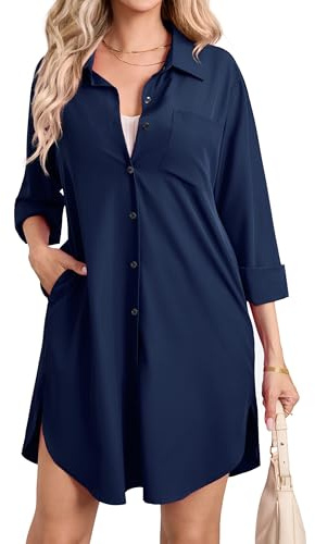 Enmain Womens Long Sleeve Blouse Shirt Dress Button Up Cotton Tunics Casual Blouses Tops with Pockets