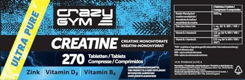Creatina – Complemento alimenticio con Monohidrato de Creatina, Vitamina D3, Vitamina B6 y Zinc – 270 Comprimidos (334 g) – 67 Porciones Diarias (Zuckerfrei)