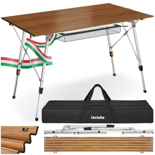 tectake® Tavolo da Esterno 90x52x47-70 cm, Tavolo Pieghevole, Struttura Alluminio, Rete portaoggetti, Borsa da Trasporto e Maniglia, Gambe Regolabili, per Spiaggia, Campeggio, Giardino - Aspetto Legno