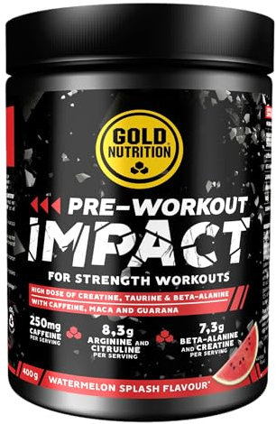 GoldNutrition, Pre-Workout Impact, Bebída Energética en Polvo con Cafeína, Arginina y Citrulina, Beta-Alanina y Creatina, para Tomar Antes del Entrenamiento Deportivo, Sabor Sandía, 400 g