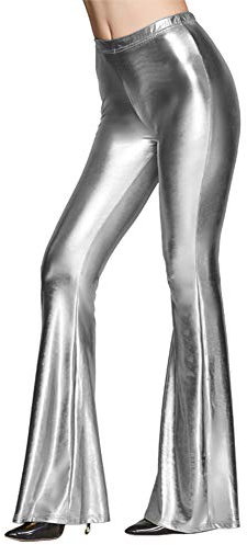 FYMNSI Damen Metallic Glänz Schlaghose Weite Bein Palazzo Hosen Hoher Bund Boot Cut Glitzer Lange Hose Schlanke Leggins Einfarbig Wet Look Stretch Leggings Tanzhosen Party Disco Clubwear Silber M