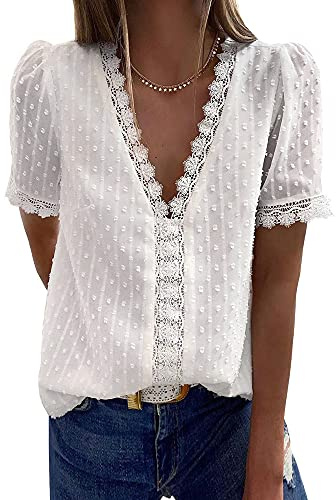 Coloody Femme Tee Shirt en Dentelle Col en V, Manches Courtes Loisirs D'été Tunique Jacquard Blouse Amples Caraco Tops Chemisiers à La Mode