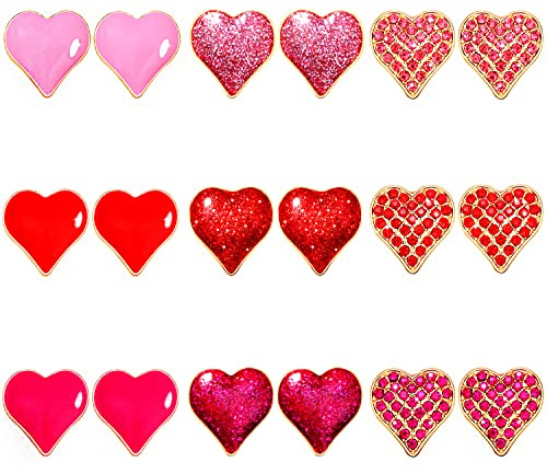 XOCARTIGE Valentine’s Day Heart Stud Earrings for Women Enamel Rhinestone Hearts Ear Studs Sweet Love Hearts Earrings Wedding Birthday Party Jewelry (9 Pairs Heart Studs)