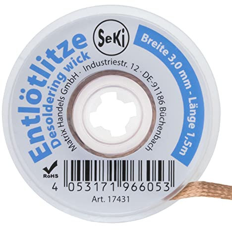 SeKi Entlötsauglitze 3,0mm - zur Entfernung von Lötzinn 1,5 Meter Lang; Hohe Saugleistung; Entlötzlitze; Sauglitze