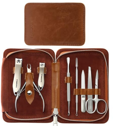 FAMILIFE Manicure Set, Nail Clippers Pedicure Tool, 8 pcs Stainless Steel Manicure Kit Professional Grooming Tool, Nail Kit with Portable Brown Leather Travel Case Luxury Gifts for Men