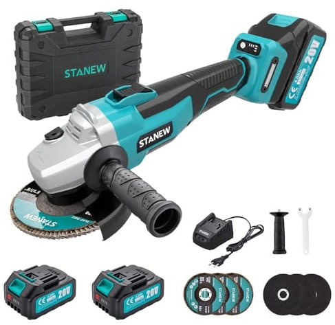 Amoladora angular sin escobillas, Amoladora angular inalámbrica STANEW, velocidad sin carga 8500 rpm (Disco abrasivo/de corte: 125 mm), batería de iones de litio de 20 V 4000 mAh (Dos baterías)