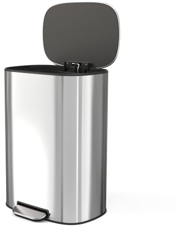Dolonm Large 50 Litre Stainless Steel Pedal Bin with Soft Close Lid, Quiet Close, Oval Shape, 31L x 45W x 63H cm, Silver