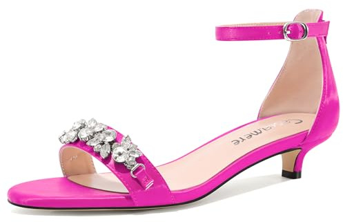 Castamere Femmes Bas Kitten Talon Heel Ouvert Bout Sandales Lanières Cheville Diamant Cristal Mariage Dress Satin 3 CM Heels Fuchsia 41 EU