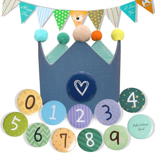 MutoToy Corona Cumpleaños 1 Año, Corona Primer Cumpleaños Reutilizable con Números Intercambiables 0 a 9, Corona Cumpleaños Tela para Niño Niña y Bebe, Corona Cumpleaños Fiesta Infantil