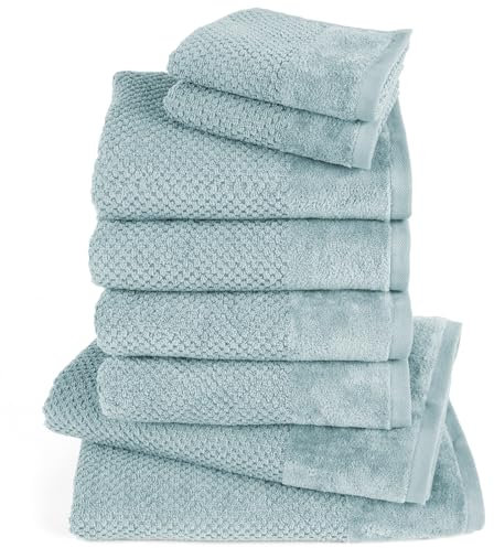 Pure Label 8-TLG. Handtücher Set mit Aufhängeschlaufen aus 100% Baumwolle, saugstark und weich - 2X Badetuch (70x140 cm) 4X Handtuch (50x100cm) 2X Gästetuch (30x50 cm), Türkis