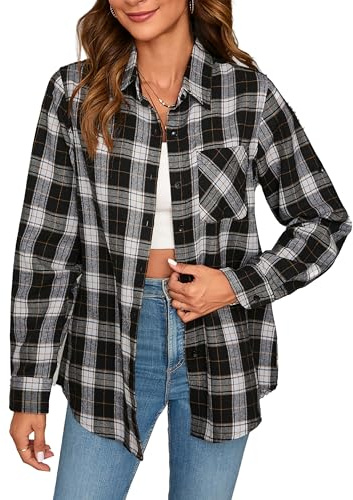 Stamain Chemise Carreaux Femme Manches Longues Chemise Flanelle Casual Noir Blanc Bucheron Western Blouses Classique Chemises Cowboy Boutonnées 2XL
