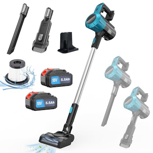 Akku Staubsauger Ersatz für Makita Akku 18V, 15000Pa Kabellos Handstaubsauger Akku mit LED Beleuchtung und Groß 1.5L Staubbehälter für Auto, Haus (Blau mit 2 x 5500mah Batterie)